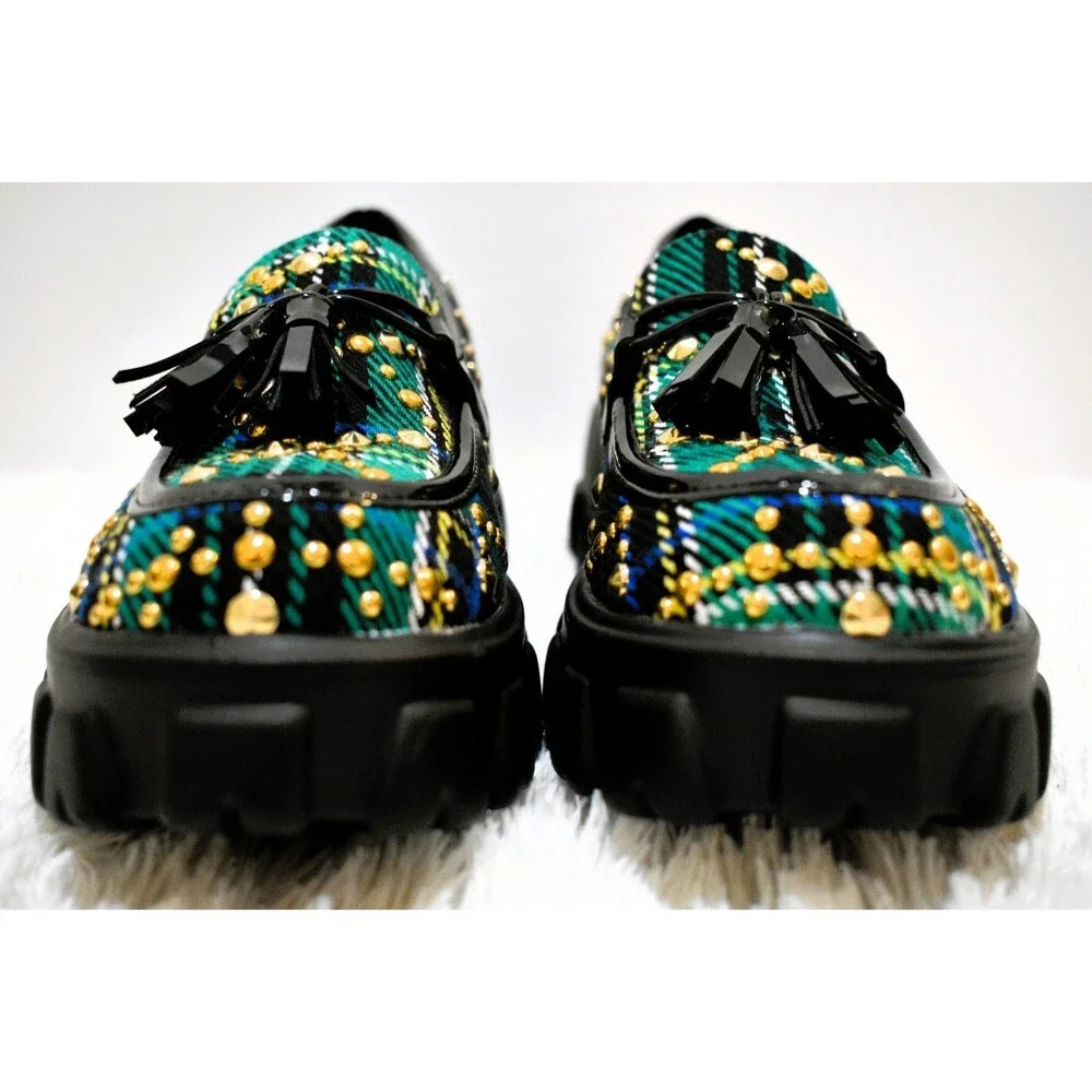 Betsey Johnson Aleah Green Plaid Studded Tassel (3163) Loafers - Women's 6.5
